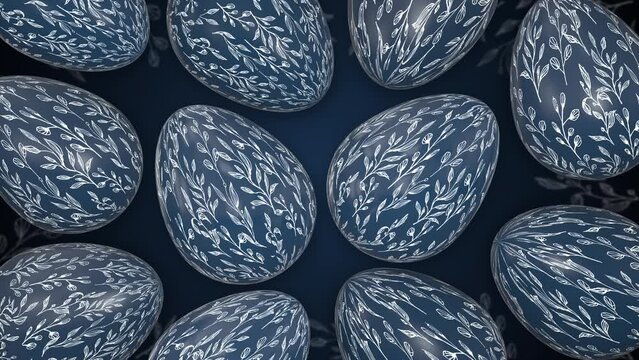 Easter eggs with painted patterns. Animated holiday blue spring background. Christian religious holiday of Easter.