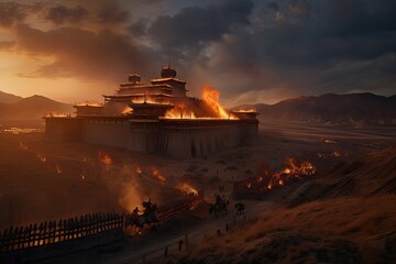 Genghis Khan and his Mongolian generals and warriors fighting under the city of Khorezm. Generative AI.