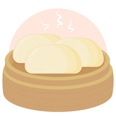 Flat vector design illustration of chinese food steam bun or mantou on a bamboo steamer for a menu or food campaign