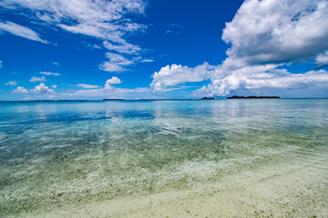 Blue ocean, Beautiful white beach in Ngerechong Island, Rock Island Southern Lagoon, Palau