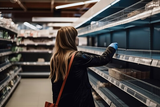 Girl feeling concerned about empty shelves and shortage of food in supermarket. Generated by AI