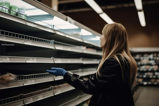 Girl feeling concerned about empty shelves and shortage of food in supermarket. Generated by AI