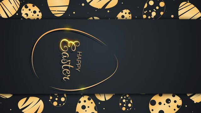 Vertical video. Easter golden eggs with patterns on black background. Happy Easter inscription. Looped holiday animation.
