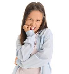 Little girl biting nails on white background