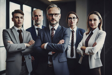 A group of male and female business people in suits posing for a group portrait for their firm, lawyers or highly professional people