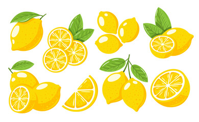 Set of yellow lemons isolated on white background. Cartoon style. Vector illustration