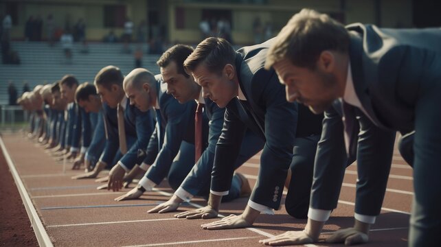 des hommes en costume sur une piste d'athl&eacute;tisme, pr&ecirc;ts &agrave; s'&eacute;lancer pour une course - generative ai