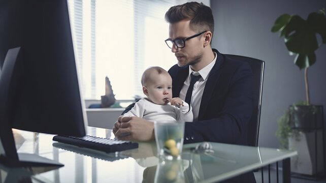 un homme en costume à son bureau avec un bébé sur les genoux - generative ai
