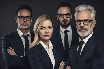 A group of male and female business people in suits posing for a group portrait for their firm, lawyers or highly professional people