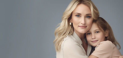 Fictional mother and daughter dressed in white with a white background, space for copy, banner, background, Mother's Day, generative ai	