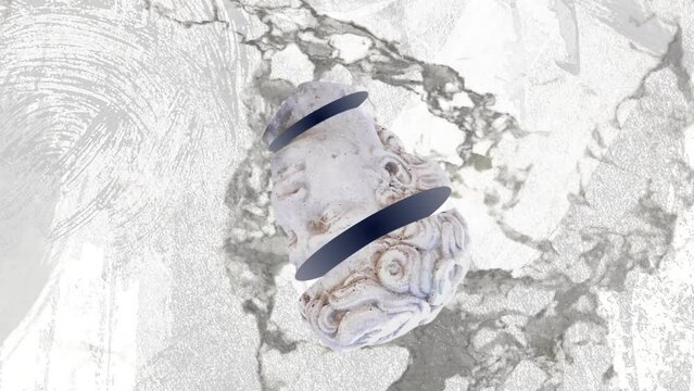 Animation of antique sliced head sculpture over grey distressed background
