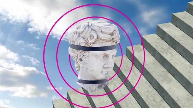 Animation of antique sliced head sculpture overpink circles, staircase and clouds