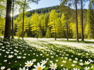 Obraz premium spring field of flowers in the middle of a forest