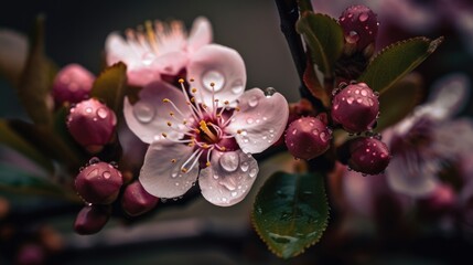 Cherry Blossom Tree Branch in Soft Spring Light, AI Generative
