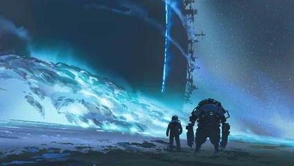  Spaceman and robot on their way to a huge structure partially covered in glowing blue sand, digital art style, illustration painting © grandfailure