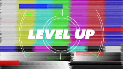Animation of level up text and scope with multicoloured pattern moving on seamless loop - Powered by Adobe