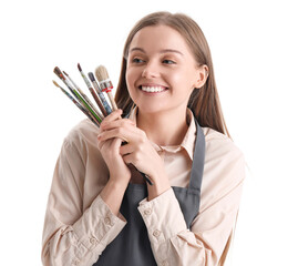 Drawing teacher with paint brushes on white background