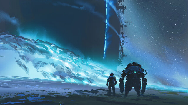 Fototapeta Spaceman and robot on their way to a huge structure partially covered in glowing blue sand, digital art style, illustration painting