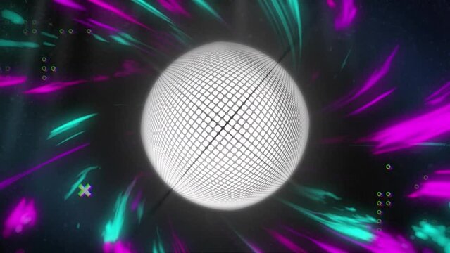 Animation of golf ball and markers and multicoloured light trails pattern moving on seamless loop
