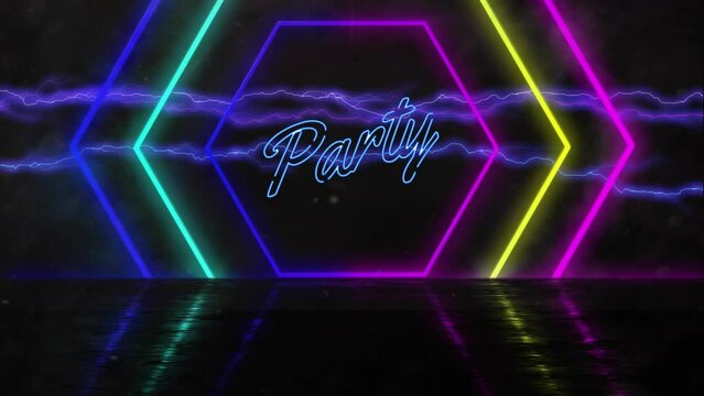 Animation of glowing party text with neon pattern on seamless loop