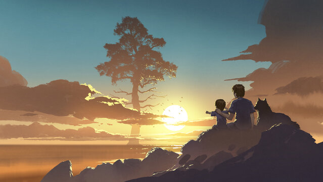 Fototapeta Brothers and their dog sitting on the rocks and looking at the extremely tall tree at sunset, digital art style, illustration painting