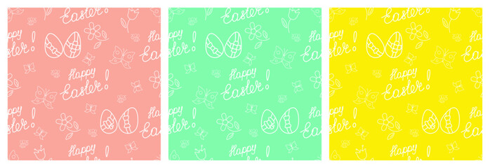 Easter seamless pattern with lettering Happy Easter, eggs and flowers. Each pattern is isolated. Endless print for card, banner, wrapping paper, wallpaper or other using. Vector illustartion. Set.