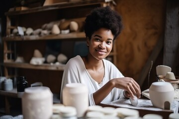 African American entrepreneur young woman doing pottery at studio. Generative AI - obrazy, fototapety, plakaty