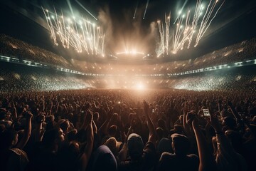 People crowd celebrating music festival concert in stadium. Generative AI - obrazy, fototapety, plakaty