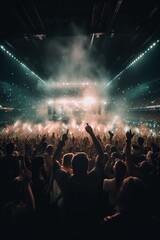 Fototapeta na wymiar Massive music festival in stadium at night. Generative AI vertical shot