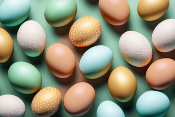 Flat lay of colorful chicken eggs texture background easter concept. Neural network AI generated art