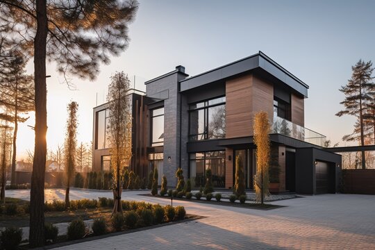 Residential house with luxury modern design at sunset. Generative AI