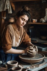 Fototapeta na wymiar Young woman entrepreneur in her pottery studio. Generative AI vertical shot