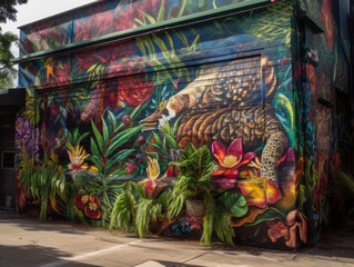 Tropical street art mural bursting with color and life. (Generative AI) - obrazy, fototapety, plakaty