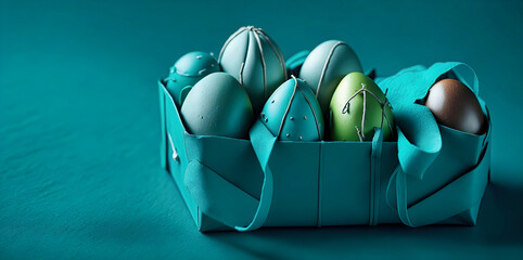 painted easter eggs on blue background. easter egg concept. ia generated