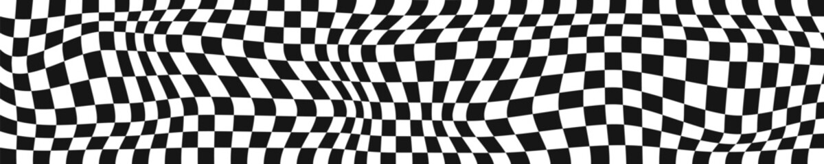 Distorted plaid, chessboard or race flag texture. Checkered optical illusion. Psychedelic pattern with warped black and white squares. Dizzy checkerboard background