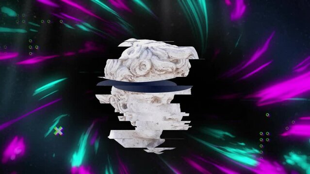 Animation of antique sliced head sculpture over multicoloured background