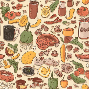 Seamless pattern of images of food and drink. Generative AI
