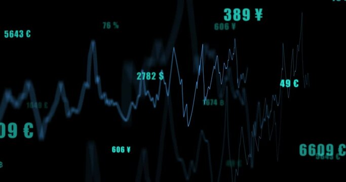 Animation of financial data processing with numbers over black background