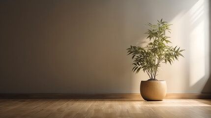 Empty room interior background, beige wall, pot with plant, wooden flooring 3d rendering