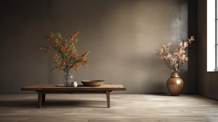 Fototapeta na wymiar Empty room interior background, stucco wall with copy space and wooden floor, coffee table , vase with flower branch 3d rendering