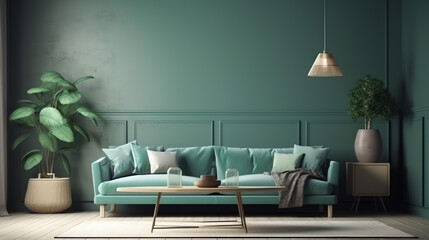 Green sofa in modern living room. Contemporary interior design of room with mint wall and coffee table. Home interior with posters. 3d rendering
