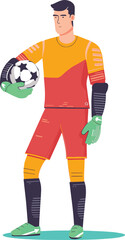 Fototapeta na wymiar Soccer, football goalkeeper standing with one hand on hips other hand holding ball, isolated vector illustration.