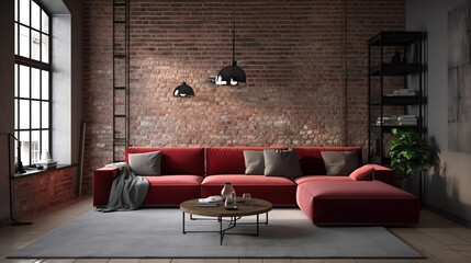 Interior design of modern apartment, living room with red corner sofa over the white brick wall with copy space. Home interior with black coffee table. 3d rendering