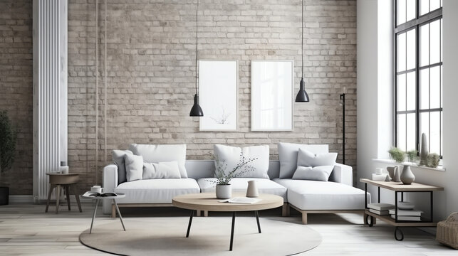 Interior design of modern living room with corner sofa over the white brick wall with mock up frames. Home interior with coffee table. 3d rendering