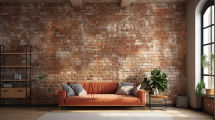 Modern interior design of apartment, living room with terracota sofa over the brick wall. Home interior. 3d rendering