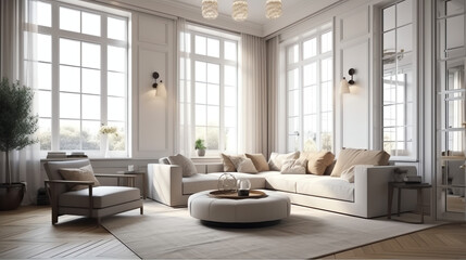 Fototapeta na wymiar Modern interior design of cozy apartment, living room with white sofa, armchairs. Room with big window. 3d rendering