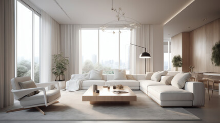 Naklejka na ściany i meble Modern interior design of cozy apartment, living room with white sofa, armchairs. Room with big window. 3d rendering