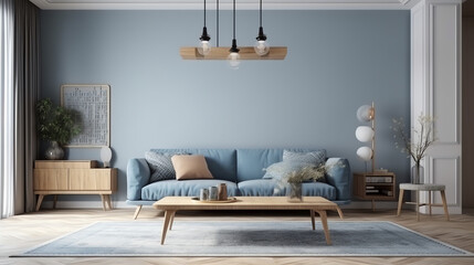 Modern interior design of living room with blue sofa and wooden coffee table. Home interior with rug. 3d rendering