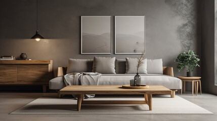 Modern interior design of living room with sofa and wooden coffee table over the concrete or stucco wall with copy space. Home interior. 3d rendering