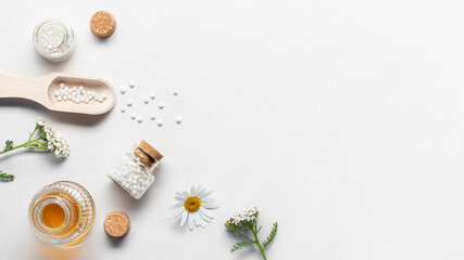 Homeopathic medicines and medicinal plants on a light background, copy space, flatlay